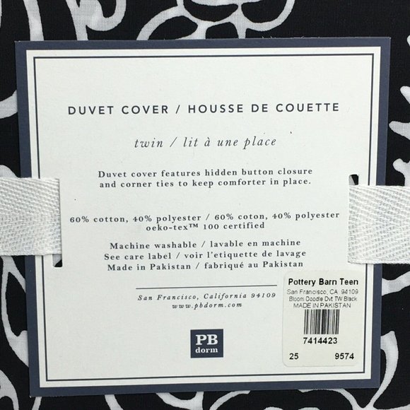 Pottery Barn Teen Dorm Duvet Cover Twin Bloom Doodle Black White Cotton Floral - Picture 4 of 12